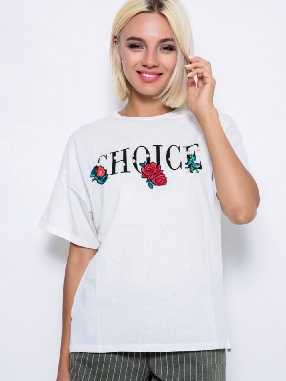 Coquette Dex Rose & Pearl Embellished "CHOICE" Graphic T-Shirt